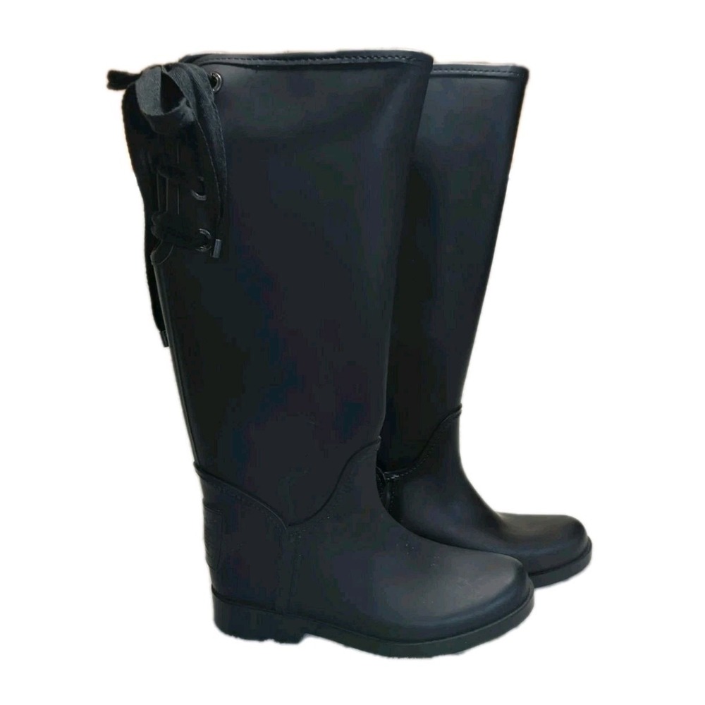 S3 Coach Tristee Rain‎ Boots Womens 5B Black Matte Lace Up Back Signature